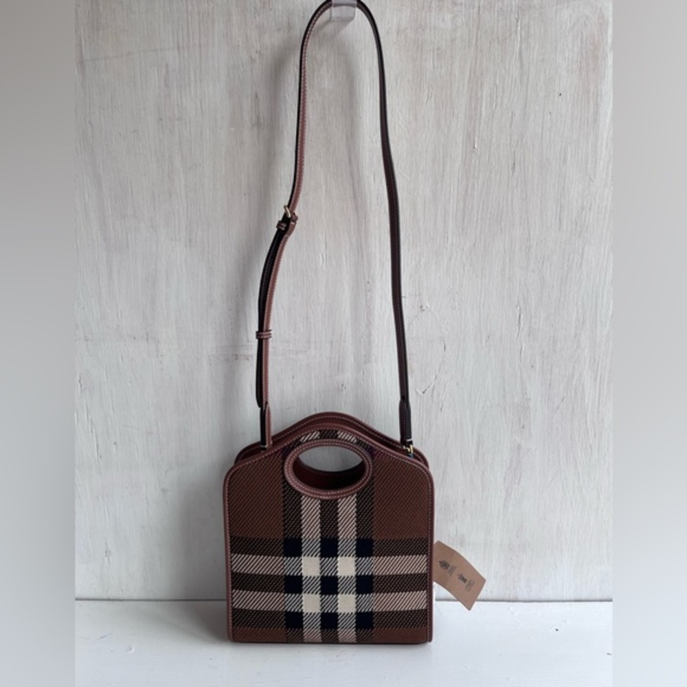 BURBERRY Mini Check Jacquard Pocket Bag- Dark Birch Brown - Picture 6 of 14